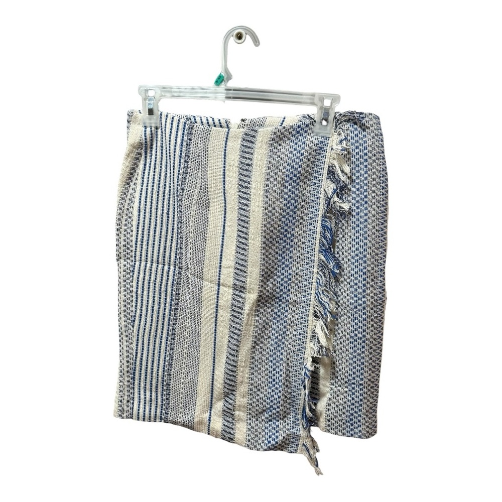 Halogen Mini Skirt Womens 6 Blue Cream Excellent Faux Wrap Fringe Striped Tweed